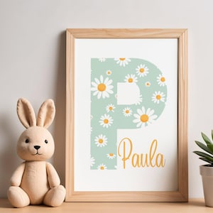Personalized Initial Poster – Initial Letter with Name – Daisy Design – Digital Poster A4 – Floral Nursery Decor