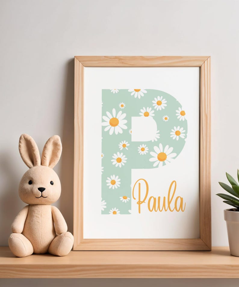 Personalized Initial Poster – Initial Letter with Name – Daisy Design – Digital Poster A4 – Floral Nursery Decor image 1