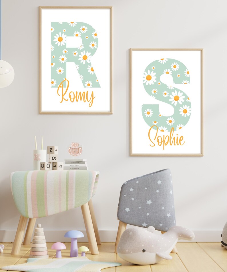 Personalized Initial Poster – Initial Letter with Name – Daisy Design – Digital Poster A4 – Floral Nursery Decor image 3