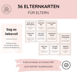May include: A PDF document with the title "36 ELTERNKARTEN FÜR ELTERN" in black text on a light pink background. The document contains cards with phrases for parents, such as "Stop means Stop" and "Love despite Chaos."