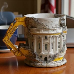 May include: A novelty coffee mug featuring a detailed depiction of the White House, with a yellow excavator arm as the handle. The mug has a distressed, cracked appearance, and is made of ceramic.
