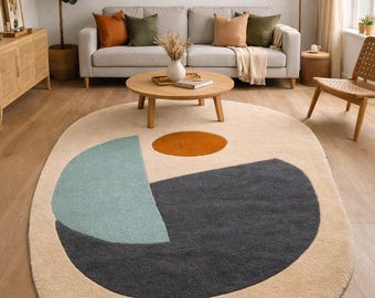 Organic Hand Tufted Wool Rug, Abstract Modern Area Scandinavian Japandi Carpet, Irregular Shape.