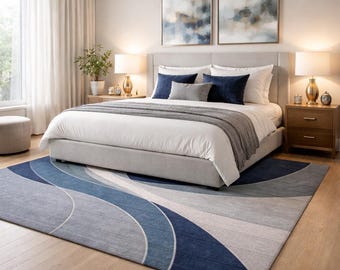 Modern Abstract Blue Area Rug, Luxury Handmade Tufted Carpet,  Bedroom Floor , Minimalist Home Decor,