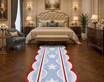 Scalloped Patriotic Runner Rug, Blue White Red Star Hallway Carpet, Luxury WavyCottagecore Entryway