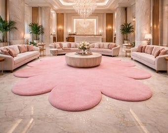 Luxury Flower Shaped Pink Rug | Soft Plush Tufted | Bedroom Decor Carpet | Modern Irregular Floral.