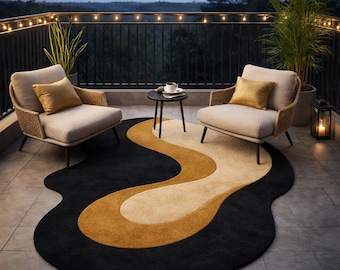 Modern Abstract Black Gold Rug, Luxury Handmade Tufted Wool Rug, Organic Shape Area  Contemporary.