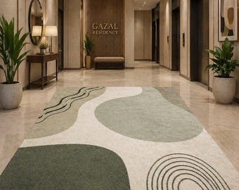 Modern Abstract Green Rug, Hand Tufted Wool Carpet, Beige Olive Area Rug, Minimalist Geometric,