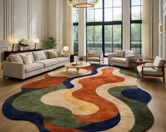 Large Irregular Abstract Rug, Luxury Modern Tufted Area Rug, Colorful Wavy Shape Carpet, Contemporary.