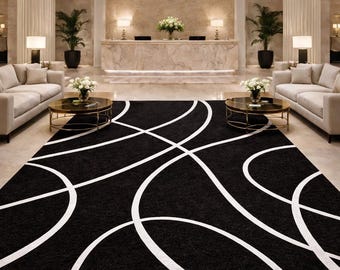Luxury Black White Abstract Rug – Modern Hand Tufted Wool Area Rug – Minimalist Geometric Carpet –