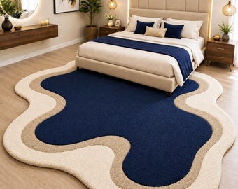 Navy Blue Abstract hand tuftet Irregular Area Rug, Modern Luxury  Carpet, Organic Shape