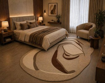 Modern Abstract Neutral Rug, Beige Brown Organic Shape Carpet, Hand Tufted Luxury Area Rug,