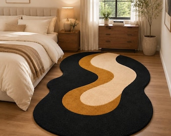 Modern Abstract Black Gold Rug, Luxury Handmade Tufted Wool Rug, Organic Shape Area  Contemporary.