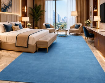 Luxury Blue Hand Tufted Wool Rug, Minimalist Solid Carpet, Modern Living Room Custom Size .
