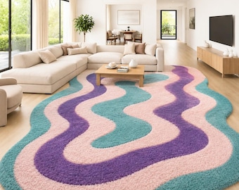 Hand Tufted Wool Rug, Abstract Wave Pattern Carpet, Modern Luxury Area Rug, Pastel Pink