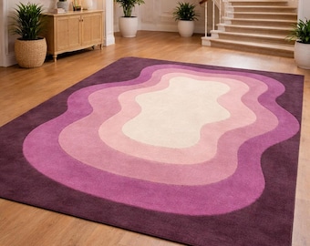 Luxury Purple Abstract Rug, Hand Tufted Wool Carpet, Modern Irregular Shape Home Decor Gift