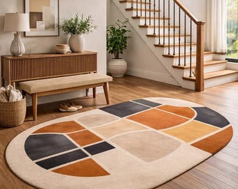 Modern Abstract Geometric Rug, Hand Tufted Wool Carpet, Neutral Beige Terracotta Custom Size Rug