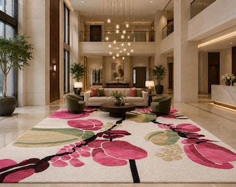 Alfombra floral de lana tejida a mano, alfombra botánica rosa, decoración moderna de diseño para sala de estar.