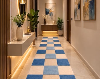 Blue Beige Checkered Runner Rug | Modern Hallway Carpet | Soft Luxury Check Pattern | Minimalist Entryway.