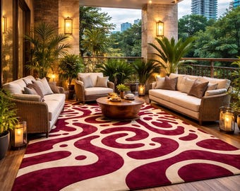 Tappeto di lusso astratto rosso, tappeto moderno color crema e bordeaux, trapuntato a mano, disponibile in misure personalizzate.