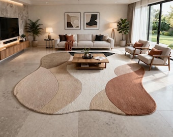 Tapete de formato orgânico, tapete abstrato moderno, tapete irregular de lã tufado à mão, luxuoso