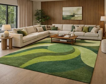 Modern Green Abstract Area Rug, Organic Wave Carpet, Contemporary Living Room Mid Century Modern