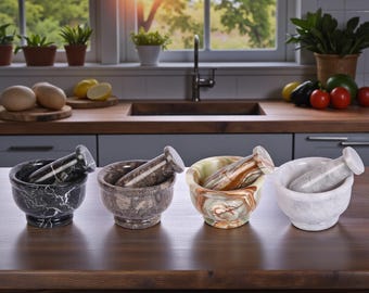 Juego de mortero y maja de mármol de ónix / Tazón molinillo de hierbas de piedra hecho a mano / Triturador de especias de mármol