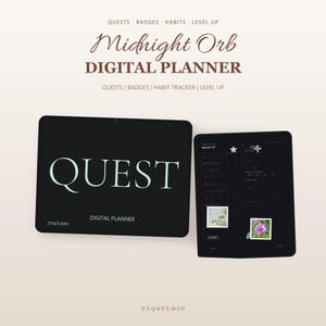 May include: A digital planner titled Midnight Orb Quest with a black interface. The screen displays a monthly calendar layout with star icons, a small photo of a flower, and a photo of a desk setup. The text ZYQSTUDIO is visible on the cover.