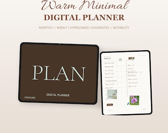 May include: A digital planner displayed on two tablet screens. The left screen features a dark brown background with the text PLAN and ZYQSTUDIO. The right screen shows a monthly calendar layout with checkboxes, notes, and small images.