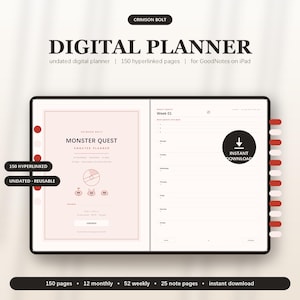 Puede incluir: Una agenda digital para GoodNotes en iPad titulada Crimson Bolt Monster Quest. Incluye 150 páginas con hipervínculos, diseños sin fecha y secciones de misiones semanales, con 12 meses, 52 semanas y 25 páginas de notas con pestañas rojas y blancas.