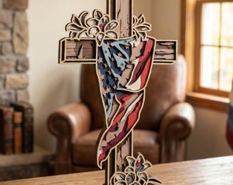 Mehrschichtiges amerikanisches Kreuz SVG, Christian Design, 3D USA Flagge, Jesus Glaube Dekordatei, CNC,