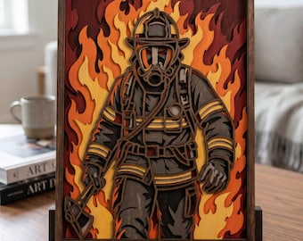 Feuerwehrmann SVG Schichtbild / Holzkunst / Laserschnitt / Schattenbox / Brennen / Flammen / Heldenhaft / Rettung / Papierschnitt
