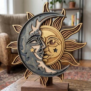 May include: A layered wooden sculpture depicting the sun and moon with faces, a star on each. The sun is golden, the moon is gray-blue, and the outer layers are natural wood. The sculpture is mounted on a dark wooden base.