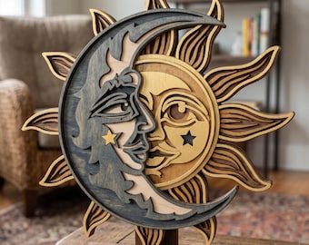 Sole e Luna multistrato SVG/ Taglio laser/ Taglio carta/ Taglio compensato/ Volto celeste/ Boho/ Mistico/ Costruzione 3D