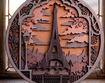 Torre Eiffel a strati SVG/ Cornice tridimensionale Francia/ DXF romantico/ Paesaggio urbano ritagliato nella carta/ Punto di riferimento urbano