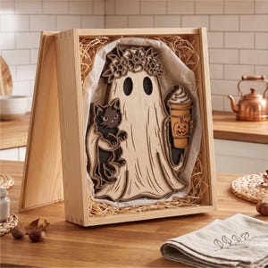 May include: A layered wooden cutout of a ghost wearing a flower crown, holding a black cat and a coffee cup with a jack-o'-lantern face, nestled in a light wood gift box filled with straw-like packing material and white tissue paper.