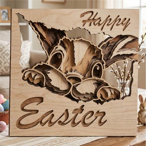 May include: Wooden Easter wall art with a layered bunny design emerging from a cutout. The words "Happy Easter" are carved into the light wood. A small vase of pussy willow branches and a ceramic bunny are also visible.