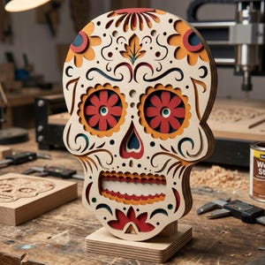 Könnte beinhalten: Eine hölzerne Totenkopf-Skulptur mit aufwendigen Ausschnittmustern. Der Schädel weist Schichten aus orangefarbenen, roten und blauen Akzenten mit floralen und Wirbelmustern auf. Er steht auf einem Holzsockel und zeigt ein detailliertes Bastelprojekt.