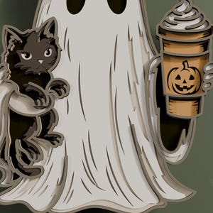 May include: A layered wooden wall art piece featuring a white ghost with black eyes. The ghost holds a black cat in one arm and a tan coffee cup with a brown jack-o'-lantern face graphic and white whipped cream topping in the other hand.