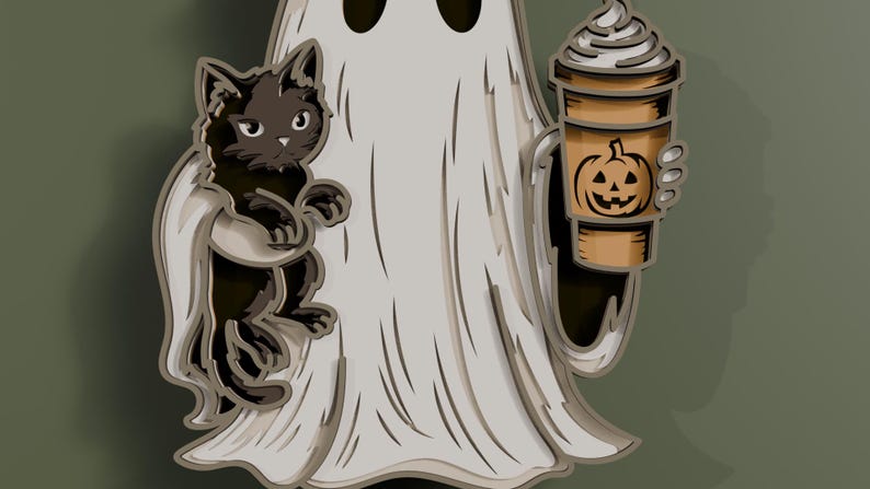 May include: A layered wooden wall art piece featuring a white ghost with black eyes. The ghost holds a black cat in one arm and a tan coffee cup with a brown jack-o'-lantern face graphic and white whipped cream topping in the other hand.