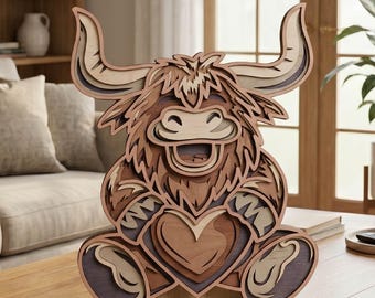 Mucca delle Highlands con orecchie SVG, animale da fattoria 3D multistrato, decorazione murale, taglio laser, CNC