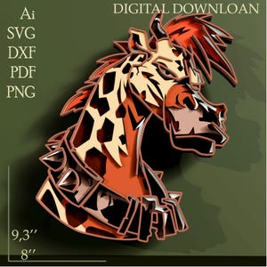 May include: A layered digital art piece of a giraffe head with a punk rock aesthetic. The giraffe has a mohawk and a studded collar. The color palette includes shades of brown, orange, and cream. The image is labeled with "DIGITAL DOWNLOAD" and file type options.