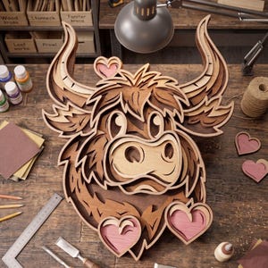 May include: A layered wooden wall art piece depicting a cartoon Highland cow with heart accents. The artwork features various shades of brown and natural wood tones, with pink heart details. The piece is displayed on a wooden surface with craft supplies.