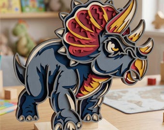 Triceratops Dino SVG, Multilayer Dinosaurier, Laser Cut, Sperrholz schneiden, Papierschnitt, Wand-Dekor, Vorlage DXF