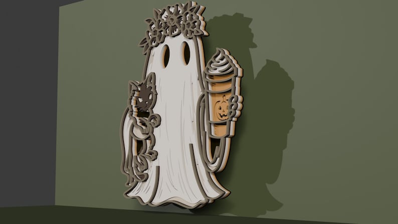 May include: A layered wooden wall decoration featuring a white ghost wearing a flower crown, holding a black cat in one arm and a tall coffee cup with a pumpkin jack-o'-lantern face design in the other hand, rendered in a multi-dimensional style.