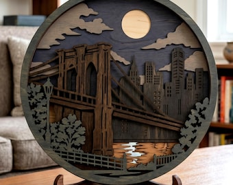 Ponte di Brooklyn SVG/ Cornice a strati con effetto ombra/ Skyline/ Chiaro di luna/ Ritaglio di carta/ Paesaggio urbano/ Decorazione con punto di riferimento urbano