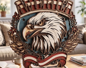 Águila americana 3D SVG, arte mural patriótico de EE. UU. en capas, diseño cortado con láser