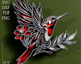 3D Kolibri SVG / Layered Vogel / Blumen Kunst / Laser Cut / Natur Wand Dekor / DIY Geschenk