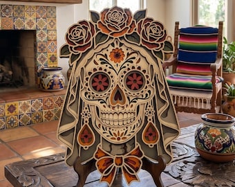 Sugar Skull Bride 3D SVG, Giorno dei Morti, Decorazione messicana multistrato, File tagliato al laser