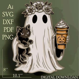 May include: A layered digital illustration of a white ghost wearing a flower crown, holding a black cat and a tan coffee cup with a pumpkin design. The text Ai, SVG, DXF, PDF, PNG, 8 inches, 10.1 inches, and DIGITAL DOWNLOAD are visible.