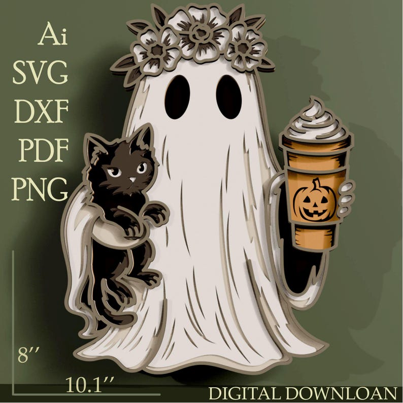 May include: A layered digital illustration of a white ghost wearing a flower crown, holding a black cat and a tan coffee cup with a pumpkin design. The text Ai, SVG, DXF, PDF, PNG, 8 inches, 10.1 inches, and DIGITAL DOWNLOAD are visible.